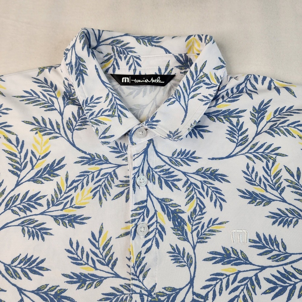 Travis Mathew Polo Shirt Mens L White Blue Tropical Leaf Print Short Sleeve